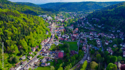 Aerial around the old town of Bad Herrenalb in the black forest  on a sunny day in spring © Werner_Media