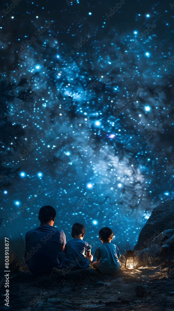 Family Enjoying Nighttime Star Gazing and Constellation Learning