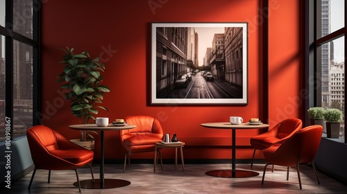 Contemporary cafe design with a striking red color scheme  sleek furniture  and a blank advertising poster on the wall  presented in 3D