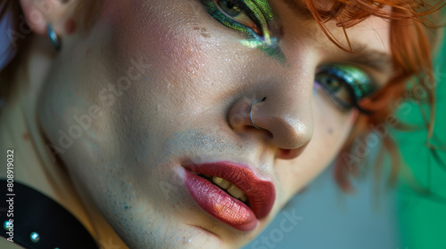 Young transgender man wearing make up and woman clothes, looking fashion and glamorous Stock Photo photography photo