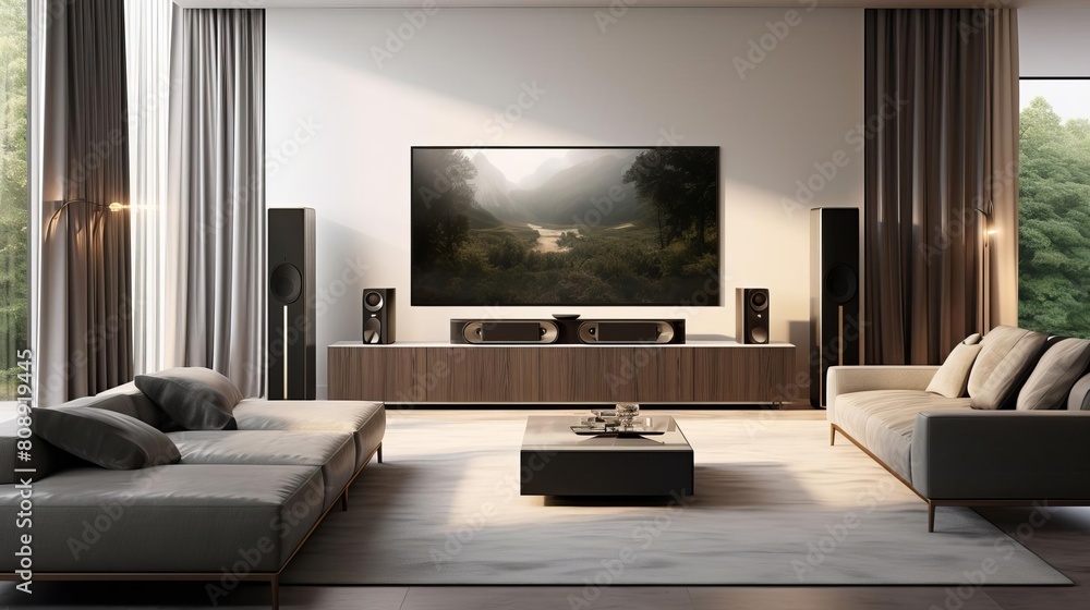 Contemporary home theater setup in a cozy living room, showcasing a large LCD TV paired with stateoftheart speakers for an enhanced audio experience Contemporary home theater setup in a cozy living room, showcasing a large LCD TV paired with stateoftheart speakers for an enhanced audio experience