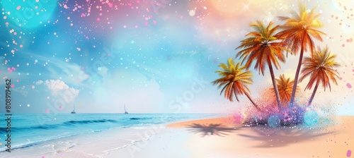 Palm tree tropical beach island. Summer vacation nature. Generative AI technology.  
