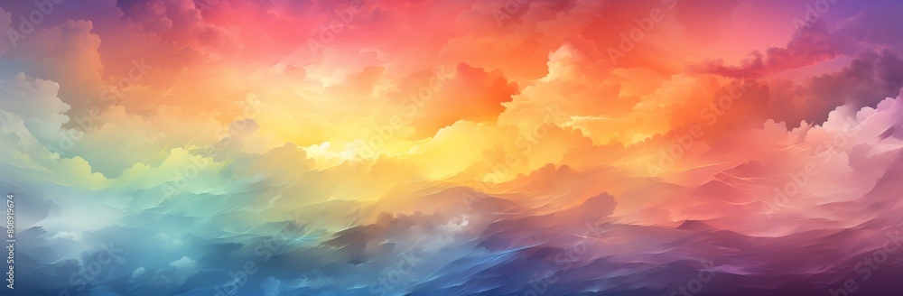 Digital artwork featuring a breathtaking landscape with a vibrant, colorful sky resembling sunset clouds, evoking feelings of wonder, fantasy, and serene beauty in an abstract style
