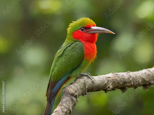 A colorful bird sits on a tree in the forest ai generated