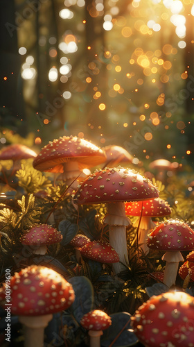 Sunlit Toadstools: Beauty in Dense Undergrowth - Photo Realistic Concept