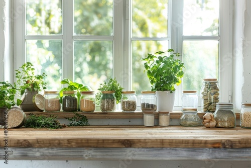 Bright and airy kitchen scene with herbs hanging and spices on the counter, homey and inviting photo
