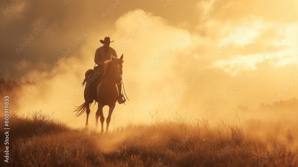 A cowboy riding a horse in the light at sunset A cowboy riding a horse in the light at sunset