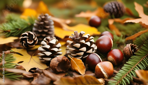 pine cones and chestnuts on a bed of fallen leaves