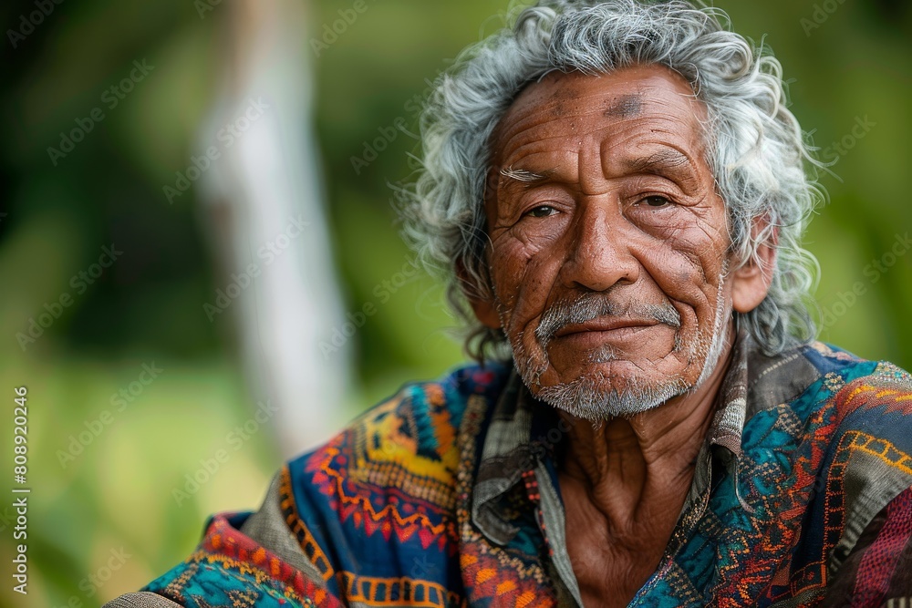 Serene looking elderly man with a stoic expression wearing colorful traditional garb and white hair Serene looking elderly man with a stoic expression wearing colorful traditional garb and white hair