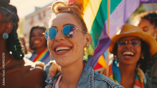 Young women on street enjoying holding gay pride flag during protest. Smiling multiethnic women enjoying during march on street for lgbt rights. Diversity, tolerance and gender identity concept. Stock