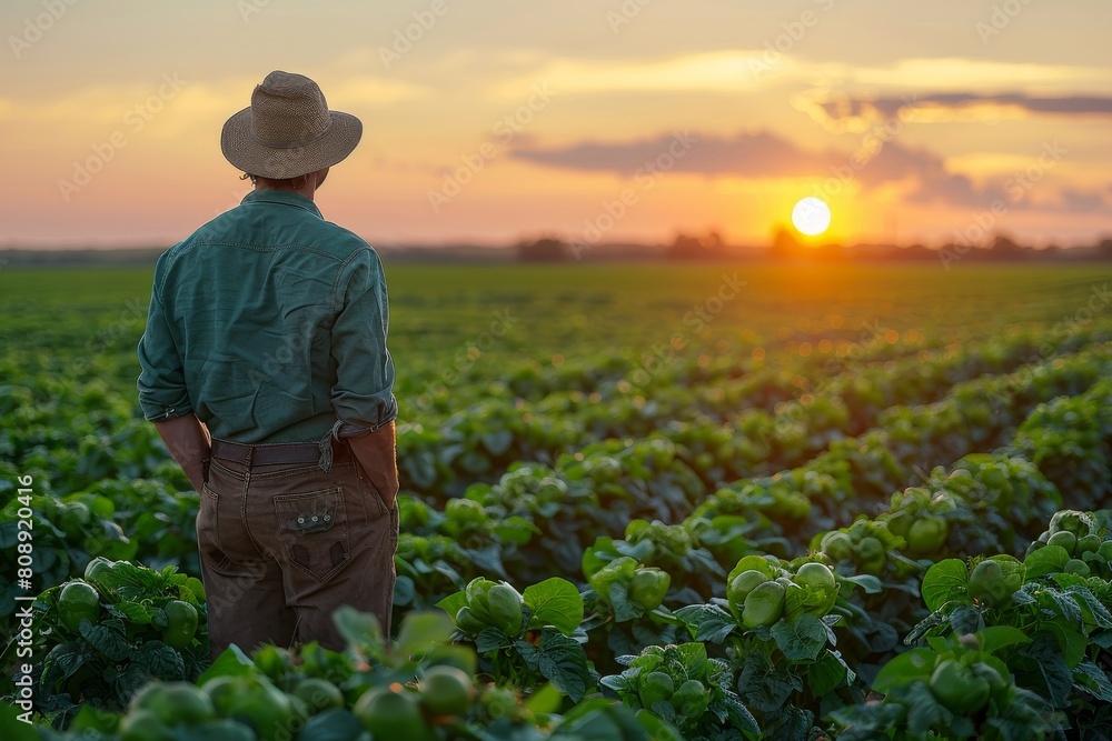 Φωτογραφία In the photograph, a male farmer stands with his hands in pockets, gazing at the