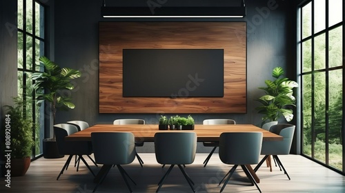Contemporary meeting room in a business office setting, equipped with a stylish board, ergonomic seats, and framed mockups on clean walls © PARALOGIA