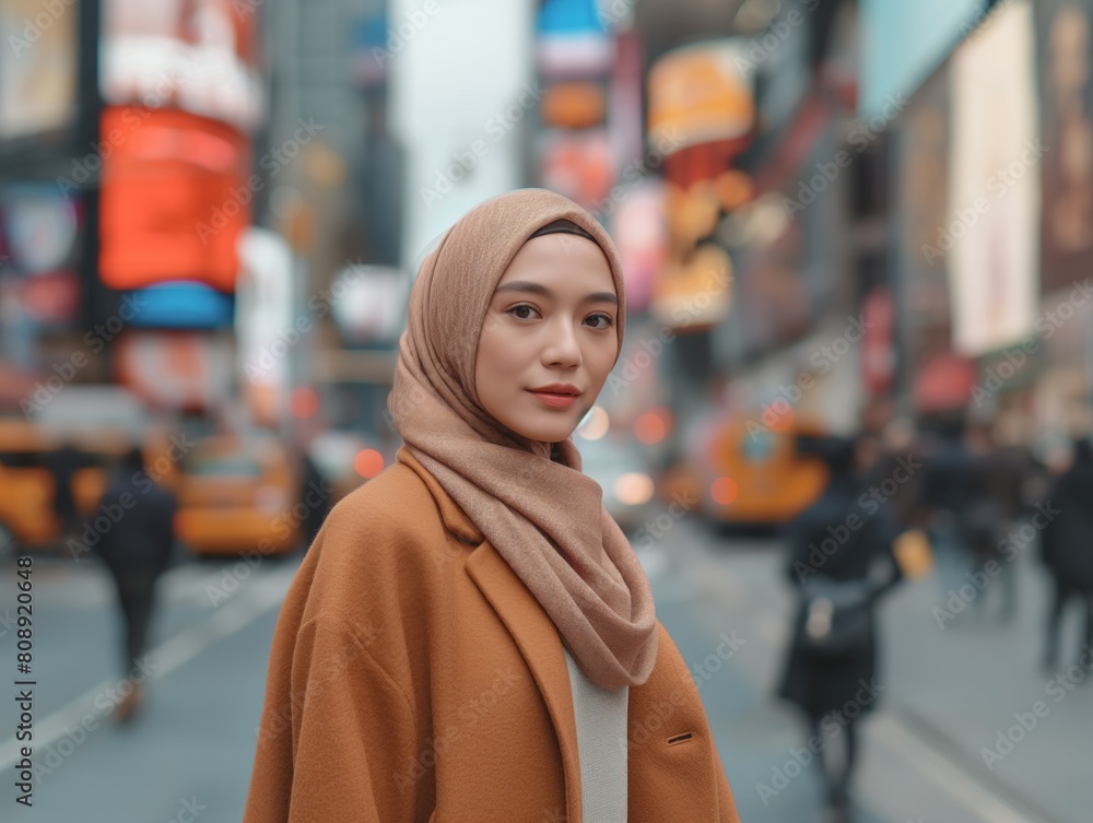 A woman wearing a brown coat and scarf stands in front of a busy city street. The scene is bustling with activity, with several people walking around and cars driving by A woman wearing a brown coat and scarf stands in front of a busy city street. The scene is bustling with activity, with several people walking around and cars driving by