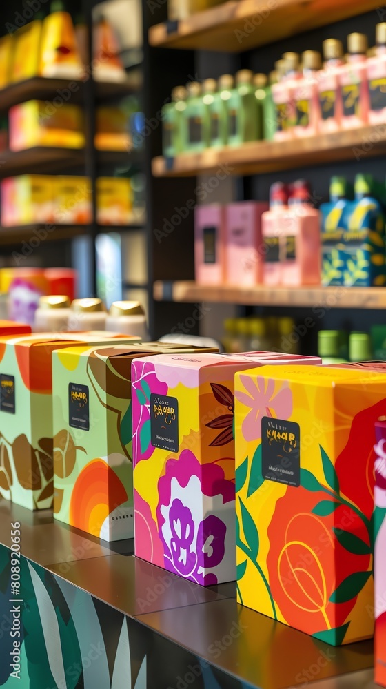 A variety of brightly colored boxes with floral patterns sit on a shelf in a store.