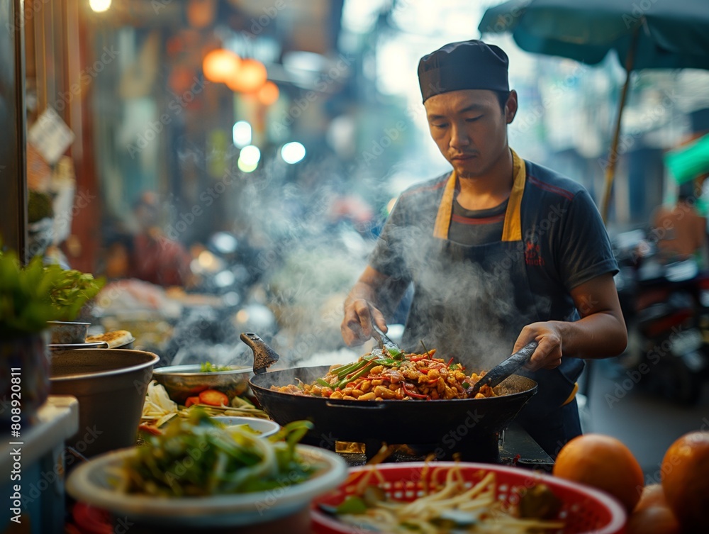 A man is cooking food in a wok in front of a table with a variety of food items