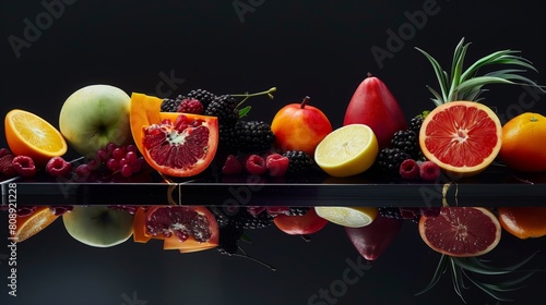 A vivid and diverse assortment of fruits displayed on a table, showcasing natures rich colors and textures in a modern still life arrangement
