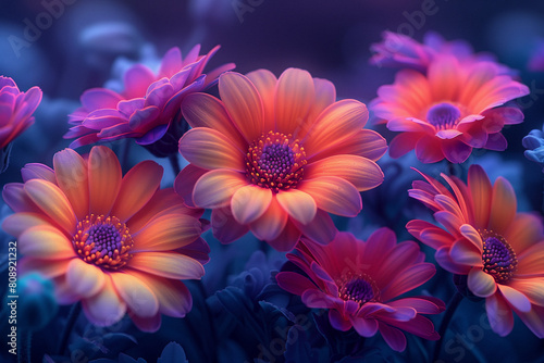 Vivid Bouquet in Blue Ambience. A vibrant array of flowers basks in a soft neon blue glow.