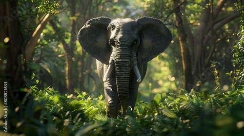 An elephant in the forest, full body photo, front view, real light and shadow effects, 3D rendering effect.