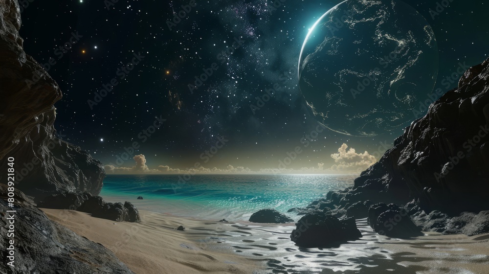 beach on space with planet scene