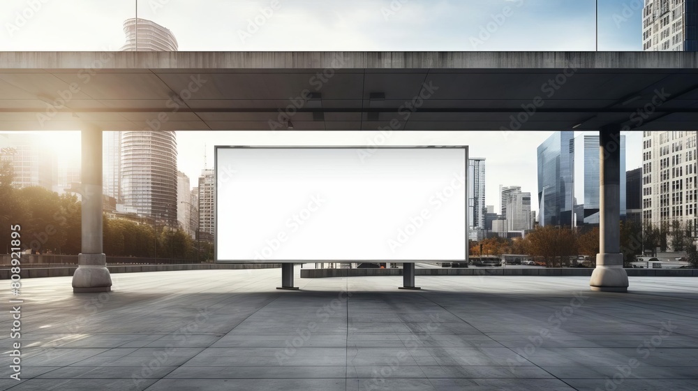 Urban exterior with a large empty billboard on a building wall, perfectly positioned for impactful advertising, ideal for a mockup display Urban exterior with a large empty billboard on a building wall, perfectly positioned for impactful advertising, ideal for a mockup display