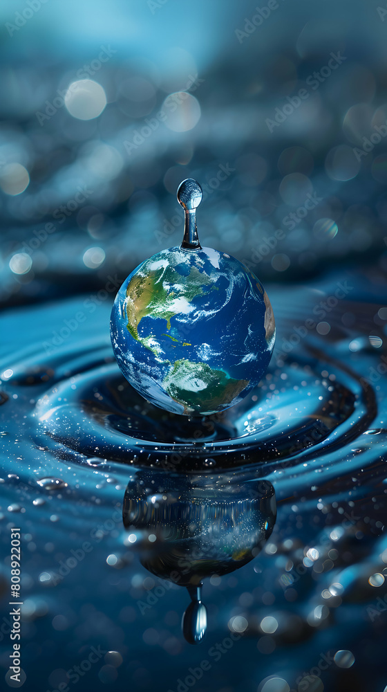 World Water Conservation: Photo Realistic Water Drop Icon featuring Globe for Clean Water Concept