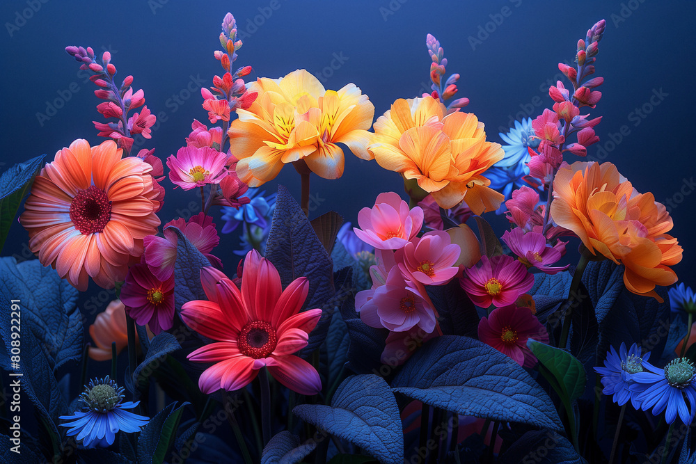 Vivid Bouquet in Blue Ambience. A vibrant array of flowers basks in a soft neon blue glow.