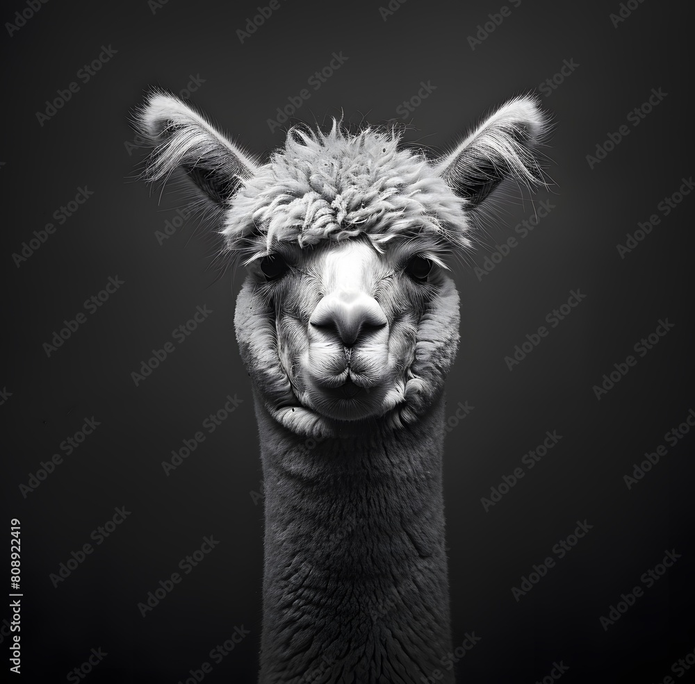 Black and white portrait of an alpaca, studio photography with hard light and a black background 