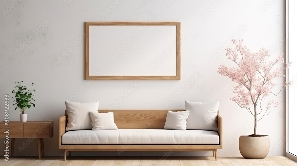 Inviting relaxation room setup with a comfortable sofa, modern drawer, and a mockup frame, all framed by a large panoramic window Inviting relaxation room setup with a comfortable sofa, modern drawer, and a mockup frame, all framed by a large panoramic window
