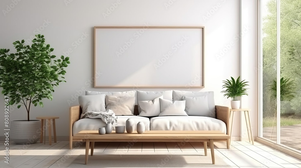 Fototapeta premium Inviting relaxation room setup with a comfortable sofa, modern drawer, and a mockup frame, all framed by a large panoramic window