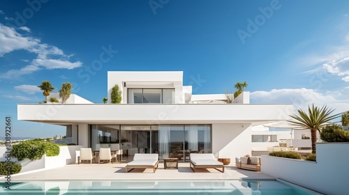 Luxurious and modern, this closeup of a white villa features a grand balcony and terrace against a minimalist blue sky, designed with ample copy space © PARALOGIA