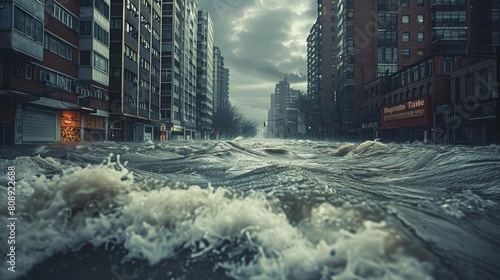 Catastrophic flooding the city, people are terrified. Generative AI. photo