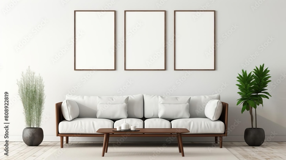 Minimalist living room featuring a crisp, monochrome design with black and white frames symmetrically arranged on a clean white wall, creating a striking visual contrast Minimalist living room featuring a crisp, monochrome design with black and white frames symmetrically arranged on a clean white wall, creating a striking visual contrast