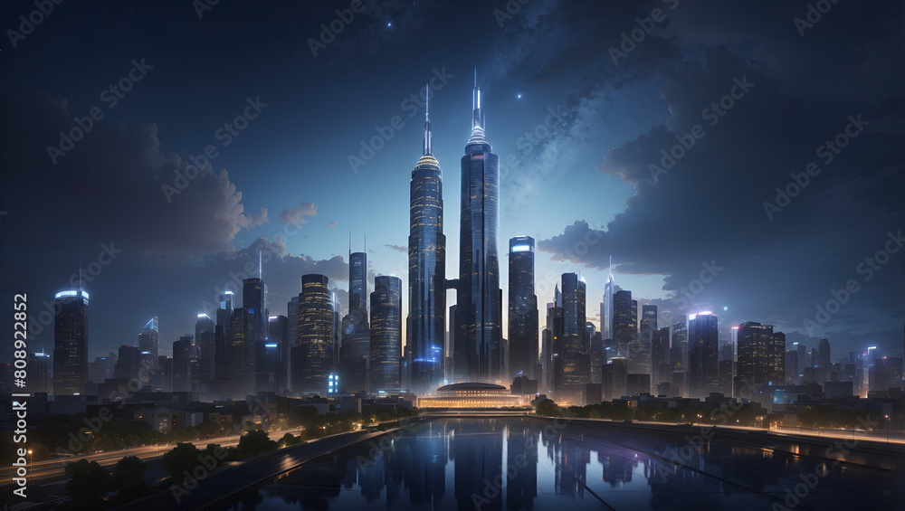 A majestic view of a cityscape, with its towering buildings silhouetted against the night sky