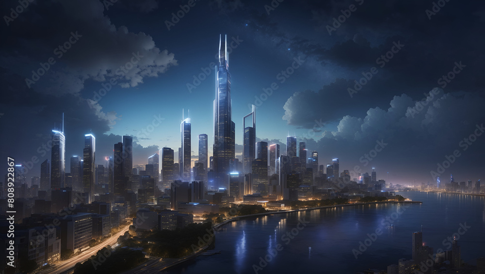 A majestic view of a cityscape, with its towering buildings silhouetted against the night sky