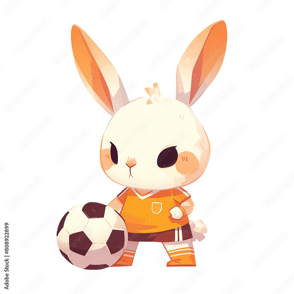 Obraz premium Illustration of a cute rabbit in a soccer uniform isolated on transparent background. Design for stickers, posters, t-shirts, or children's sports club promo. 