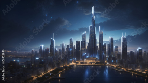 A majestic view of a cityscape  with its towering buildings silhouetted against the night sky