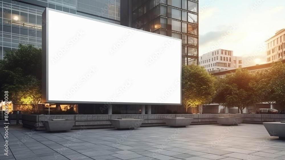 Mockup of an empty billboard mounted on an exterior building wall, providing a prominent space for advertising in an urban setting Mockup of an empty billboard mounted on an exterior building wall, providing a prominent space for advertising in an urban setting