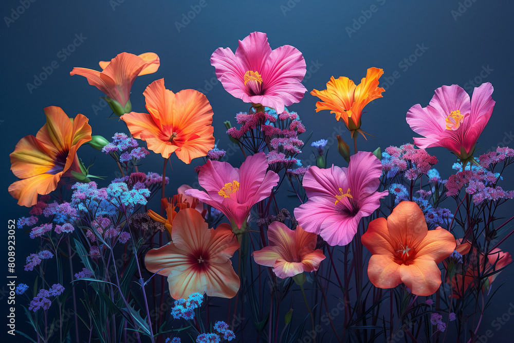 Vivid Bouquet in Blue Ambience. A vibrant array of flowers basks in a soft blue glow.