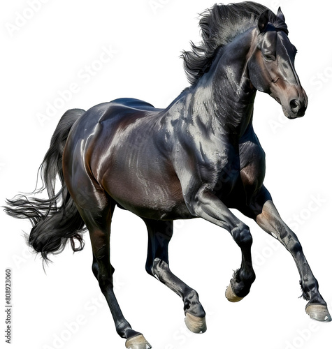 Majestic black horse with flowing mane cut out on transparent background