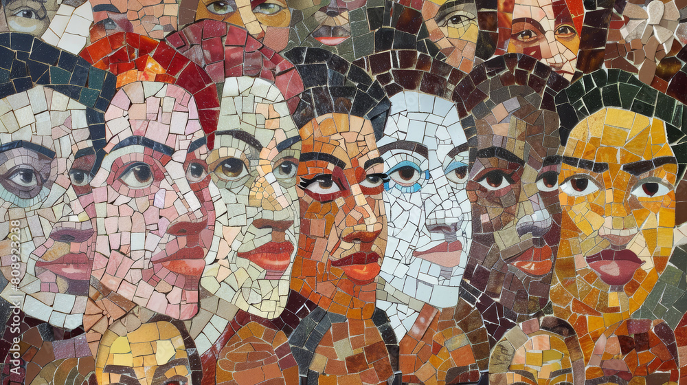 Mosaic of faces from various cultures and ages, each segment seamlessly blending into the next, representing diversity and belonging Mosaic of faces from various cultures and ages, each segment seamlessly blending into the next, representing diversity and belonging