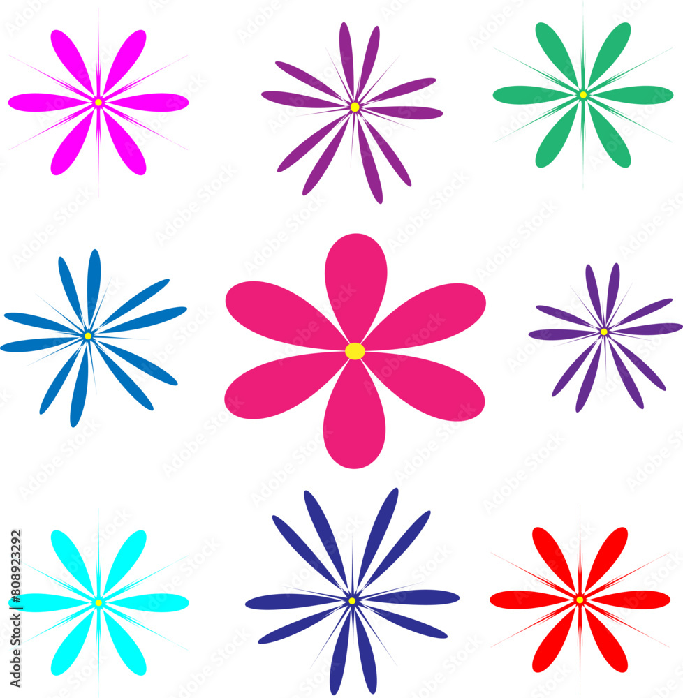 Fototapeta premium Simple abstract multicolored different flowers. Modern trendy vector illustration elements.