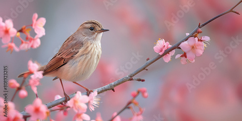 Sparrow on Blossoming Branch. A sparrow perches among soft pink blossoms in a serene setting.