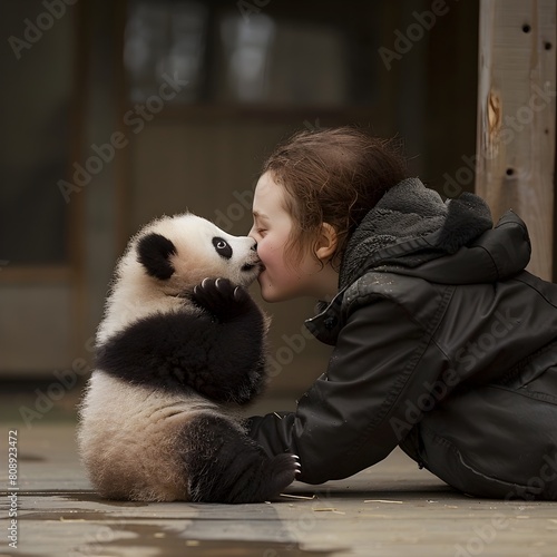 Baby Pandas Playful Interaction with Human Caretaker at Chengdu Research Base Generative ai photo