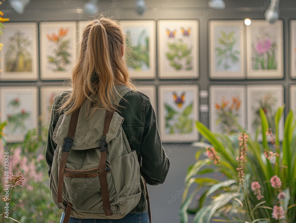 A woman wearing a backpack is looking at a wall of paintings. The paintings are of flowers and butterflies. The woman seems to be admiring the artwork A woman wearing a backpack is looking at a wall of paintings. The paintings are of flowers and butterflies. The woman seems to be admiring the artwork