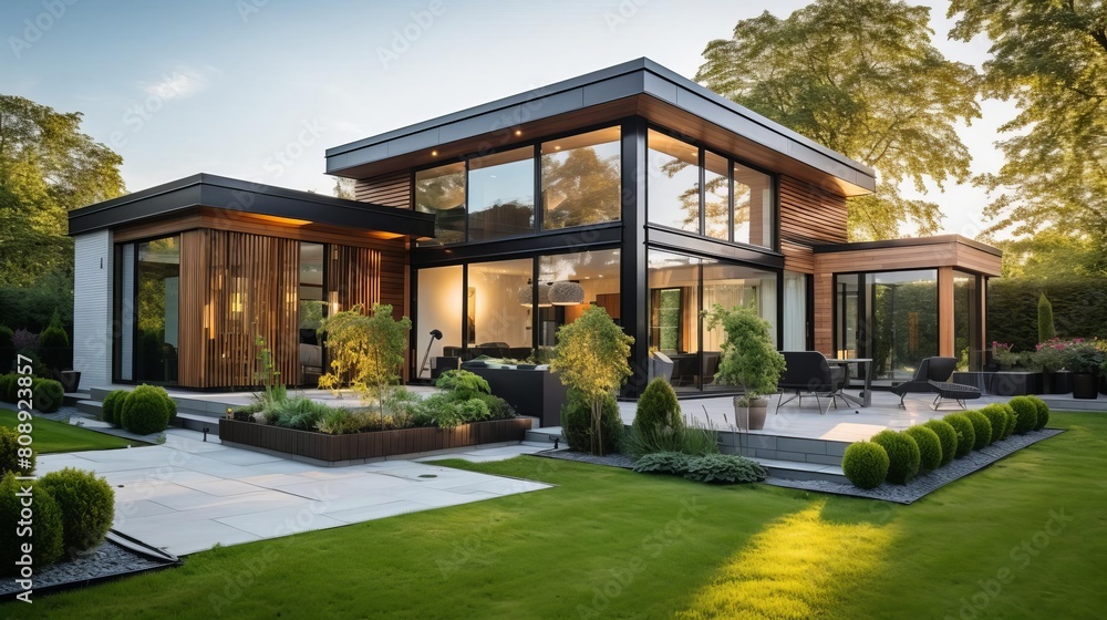 Sleek modern house exterior featuring clean lines, large glass windows, and a flat roof, set in a landscaped garden for a contemporary look Sleek modern house exterior featuring clean lines, large glass windows, and a flat roof, set in a landscaped garden for a contemporary look