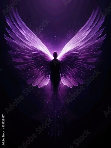 Create an imaginative narrative describing the formation of wings emerging from the abstract purple light particles, evoking a sense of transformation, freedom, and ethereal beauty against the dark