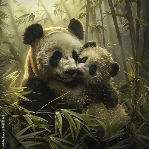 Baby Panda and Mother Share a Tender Moment in Natures Embrace Generative ai photo