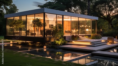 Stateoftheart cubic house featuring modern luxury and minimalist design, with extensive glass walls and a landscaped front yard for a seamless indooroutdoor connection © PARALOGIA