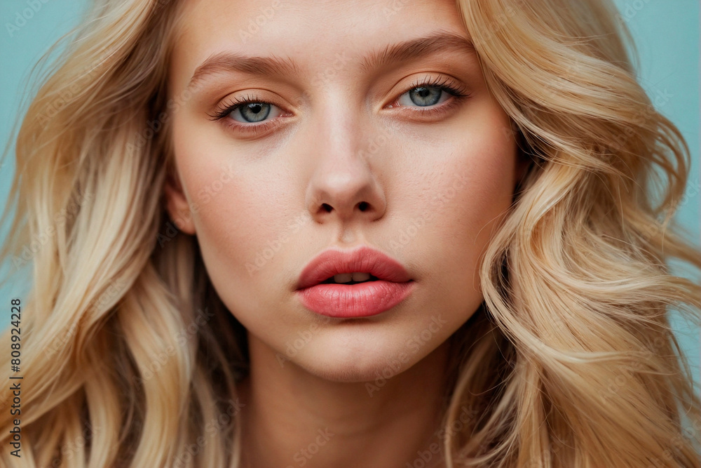 Close-up of a young blonde woman's face with long hair, puckering lips for a kiss