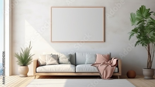 Stylish and clean interior setup with a frame mockup resting on the floor  positioned for easy viewing and artistic display in a casual setting